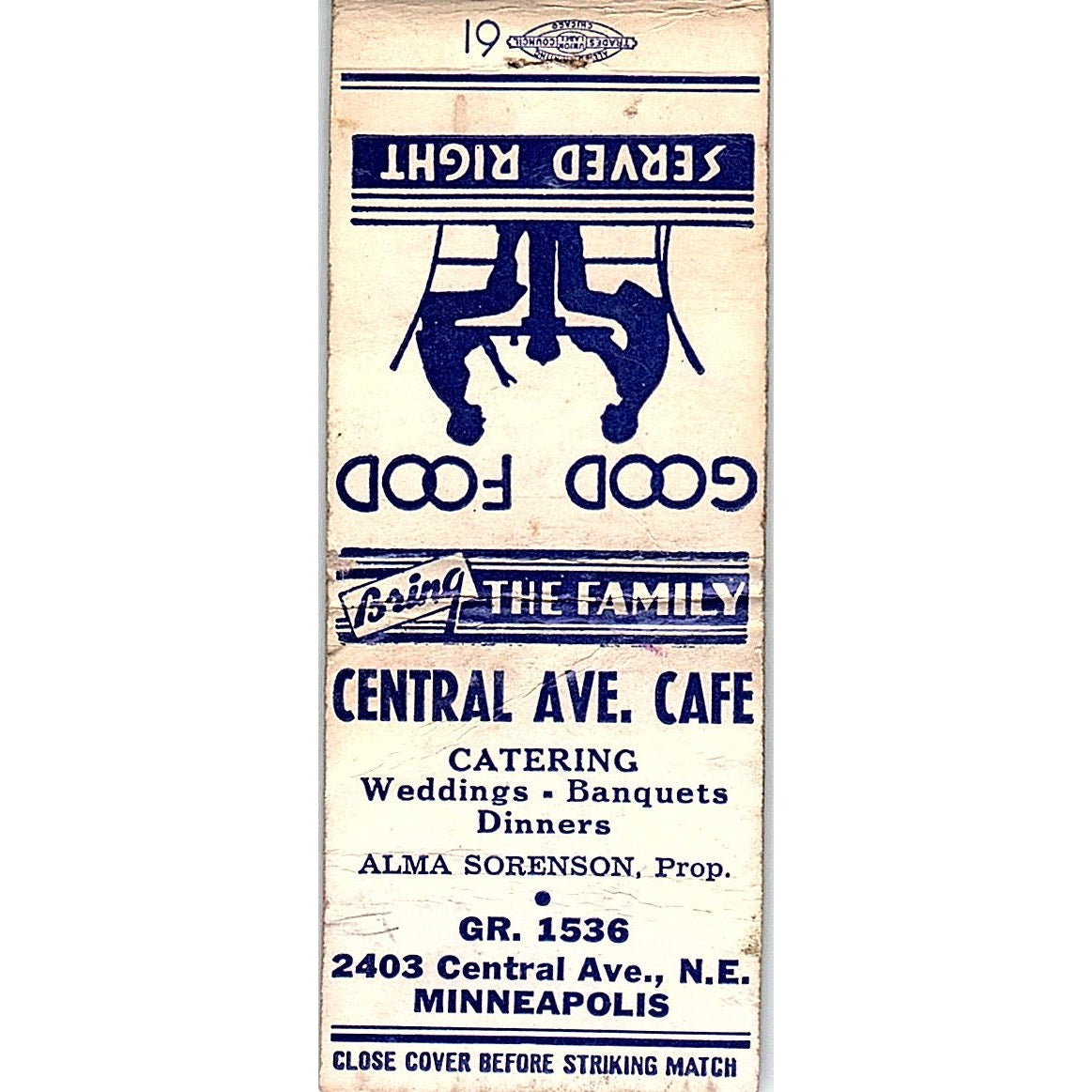 Central Ave. Cafe Catering Alma Sorenson Minneapolis Vtg Matchbook Cover SF3-Y9
