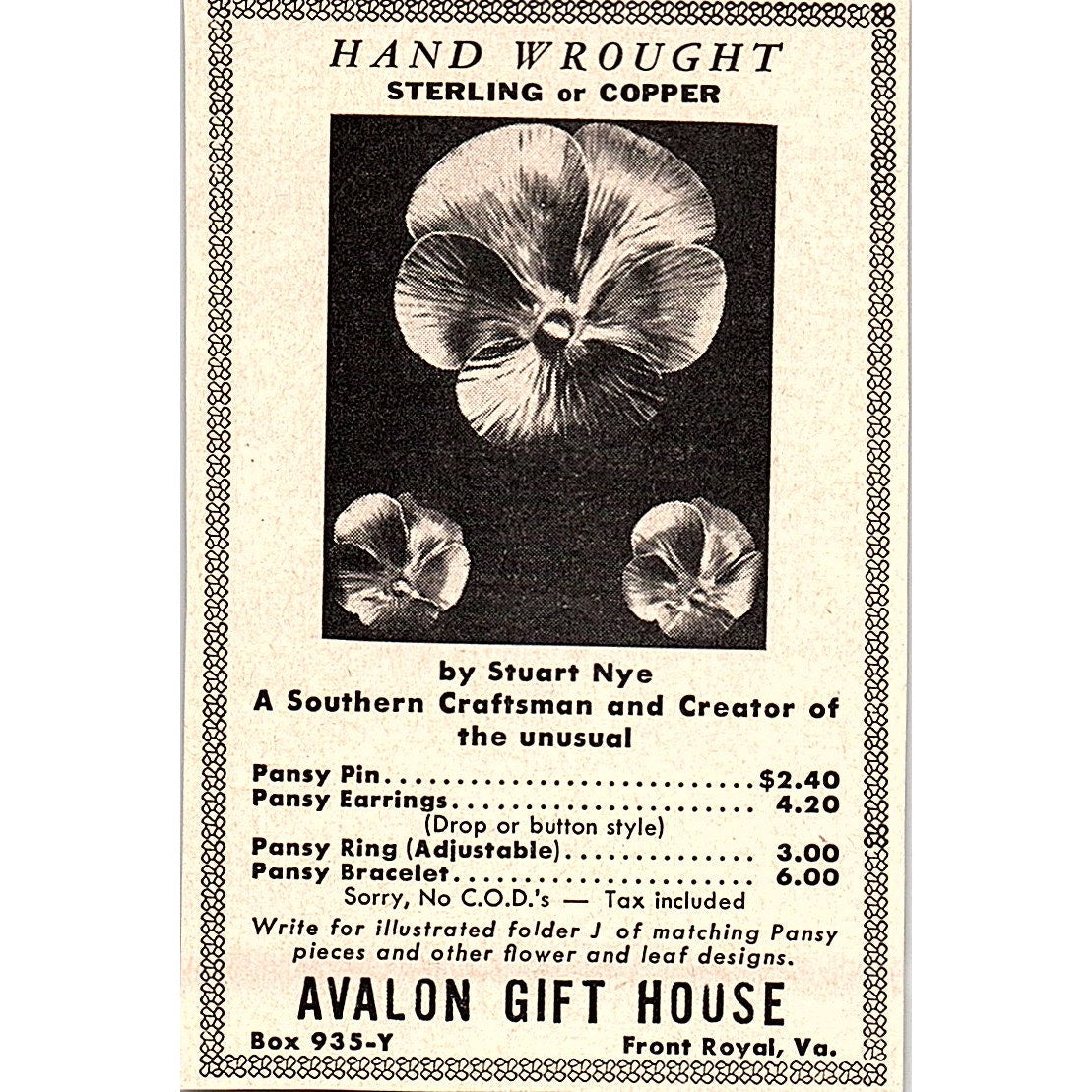 Avalon Gift House Hand Wrought Front Royal VA 1952 Yankee Magazine Ad SAG5-M3