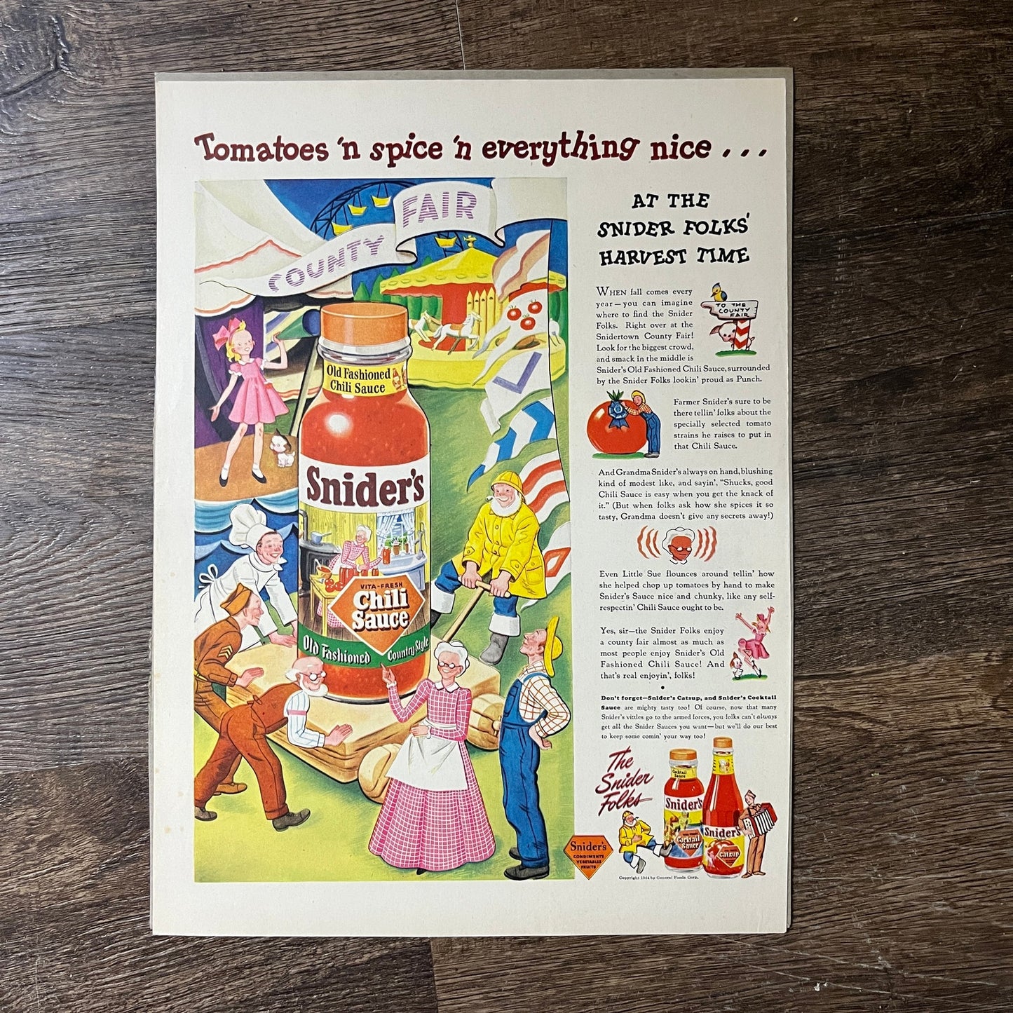 Sniders Chili Sauce County Fair Cartoon Magazine Ad 10x14 V7