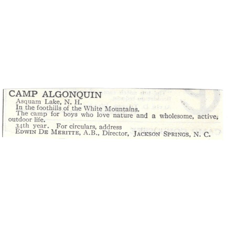Camp Algonquin Asquam Lake NH Edwin De Meritte c1918 Original Magazine Advertisement AE5-SA4