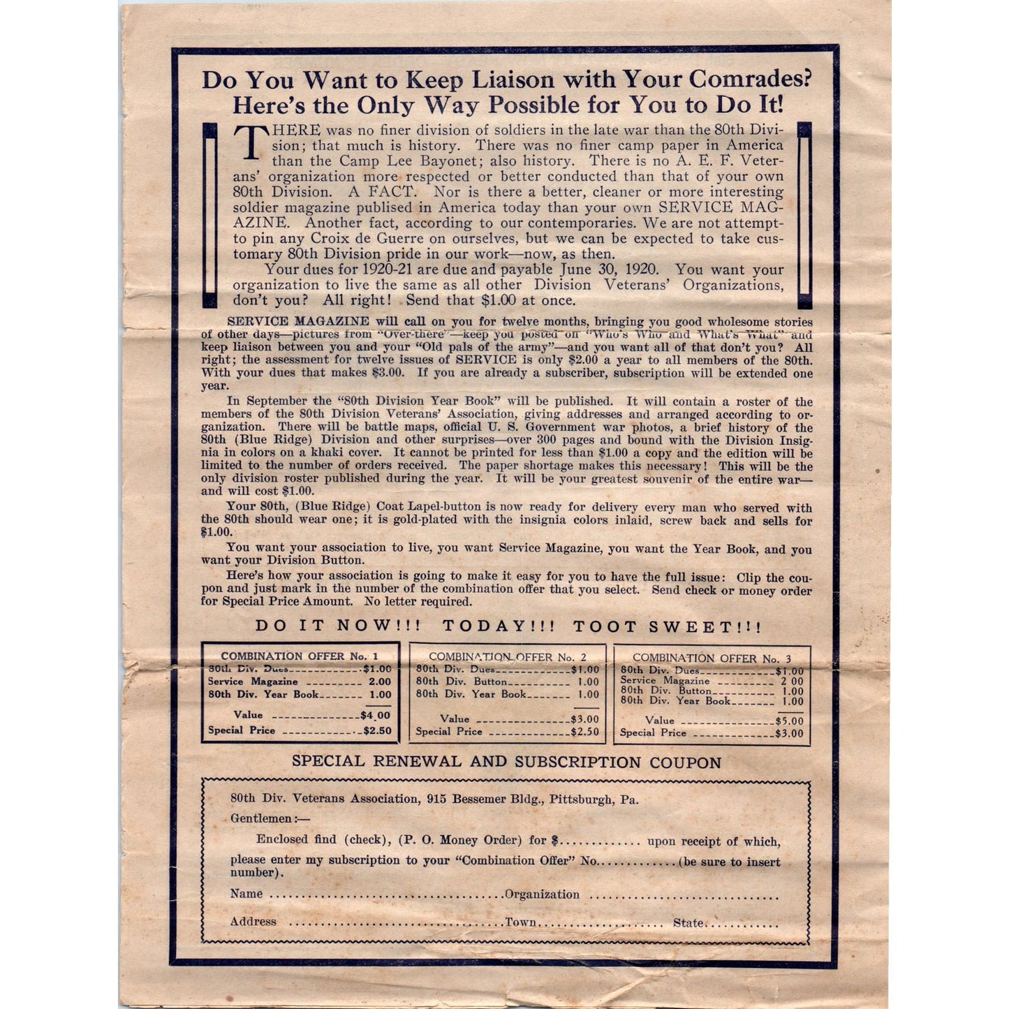 c1920 Hamilton P.C. 80th Division Veterans Assn Newsletter Reunion WWI AF1-RR6