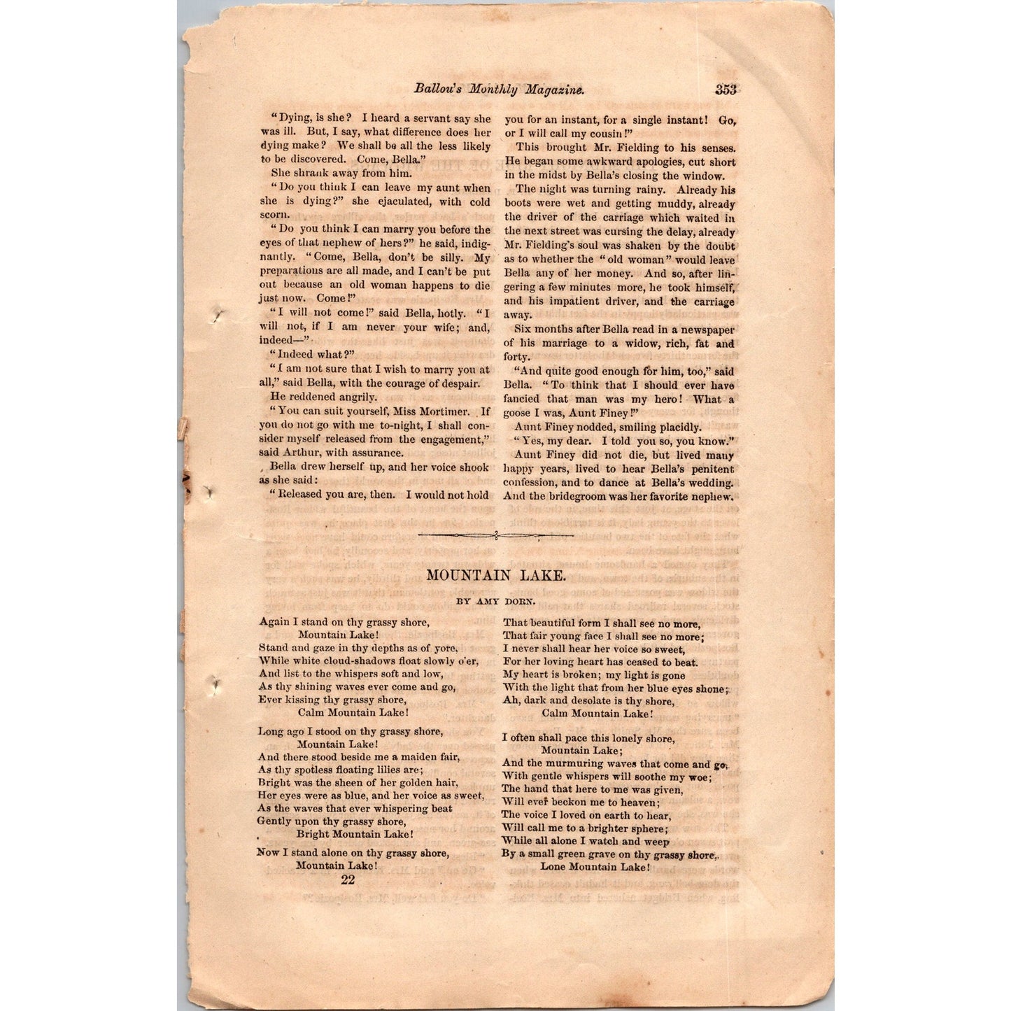 Bella's Wedding by Miss Amanda M Hale 4 Pages Original 1869 Short Story I3