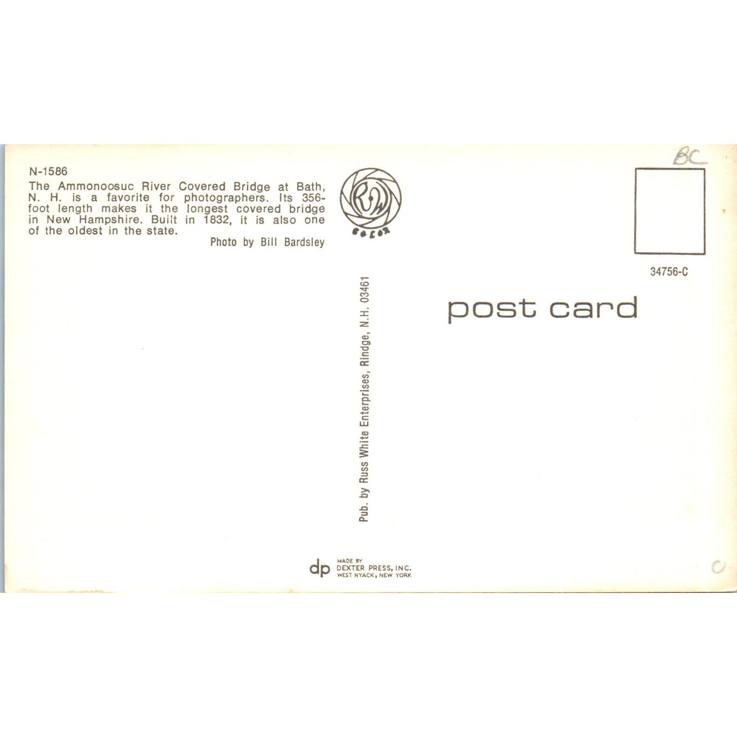 Ammonoosuc River Bridge Bath NH Vintage Covered Bridge Postcard PC14