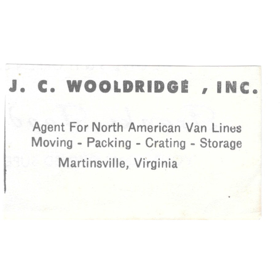 J.C. Woolridge Inc Van Lines Martinsville VA 1960s Ad AG2-S7