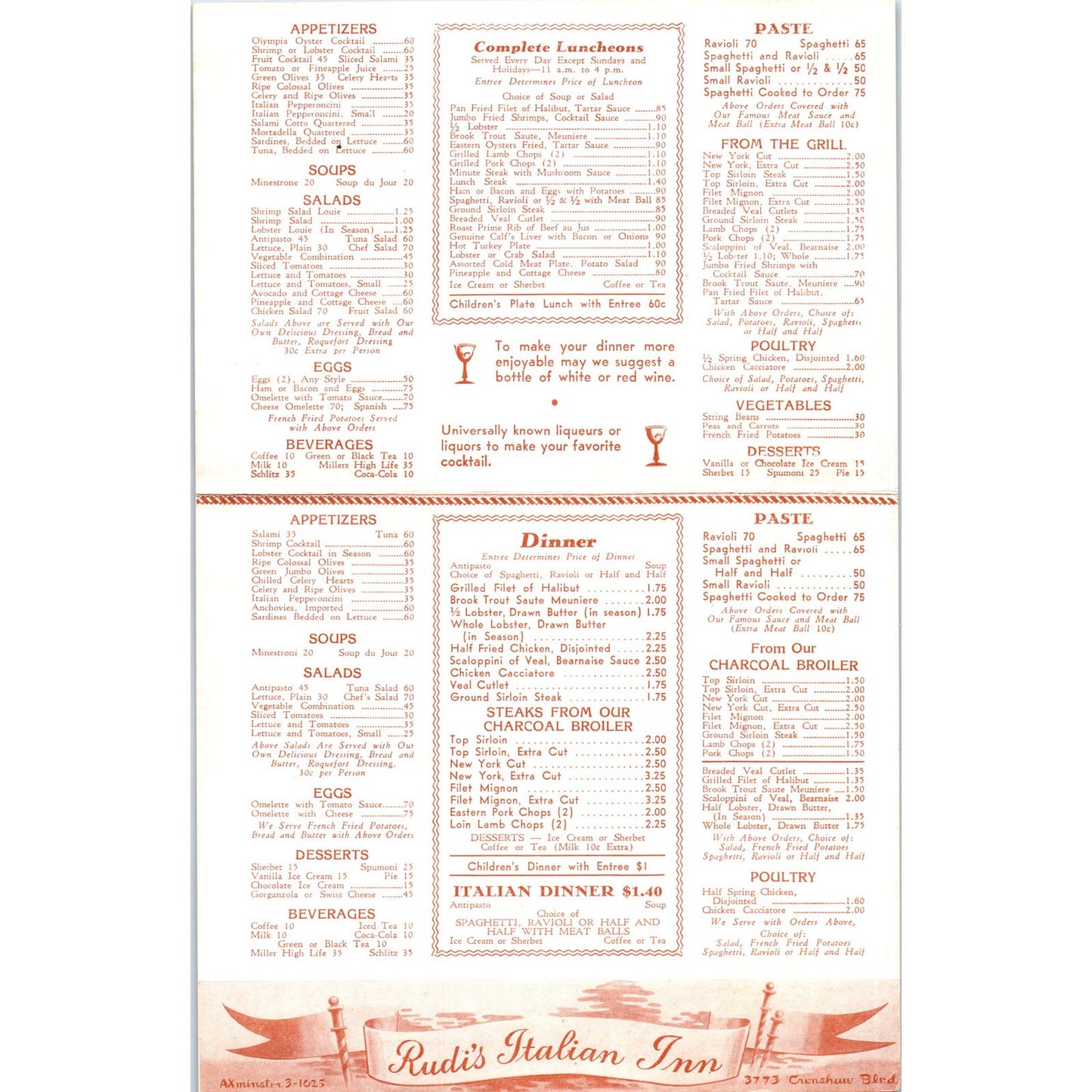 1950s Rudi's Italian Inn Restaurant Menu Los Angeles CA Crenshaw Blvd AE8