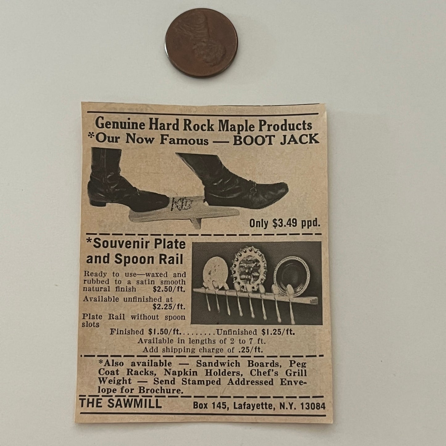The Sawmill Boot Jack Souvenir Plate Lafayette NY 1971 Magazine Ad SAG4-S15