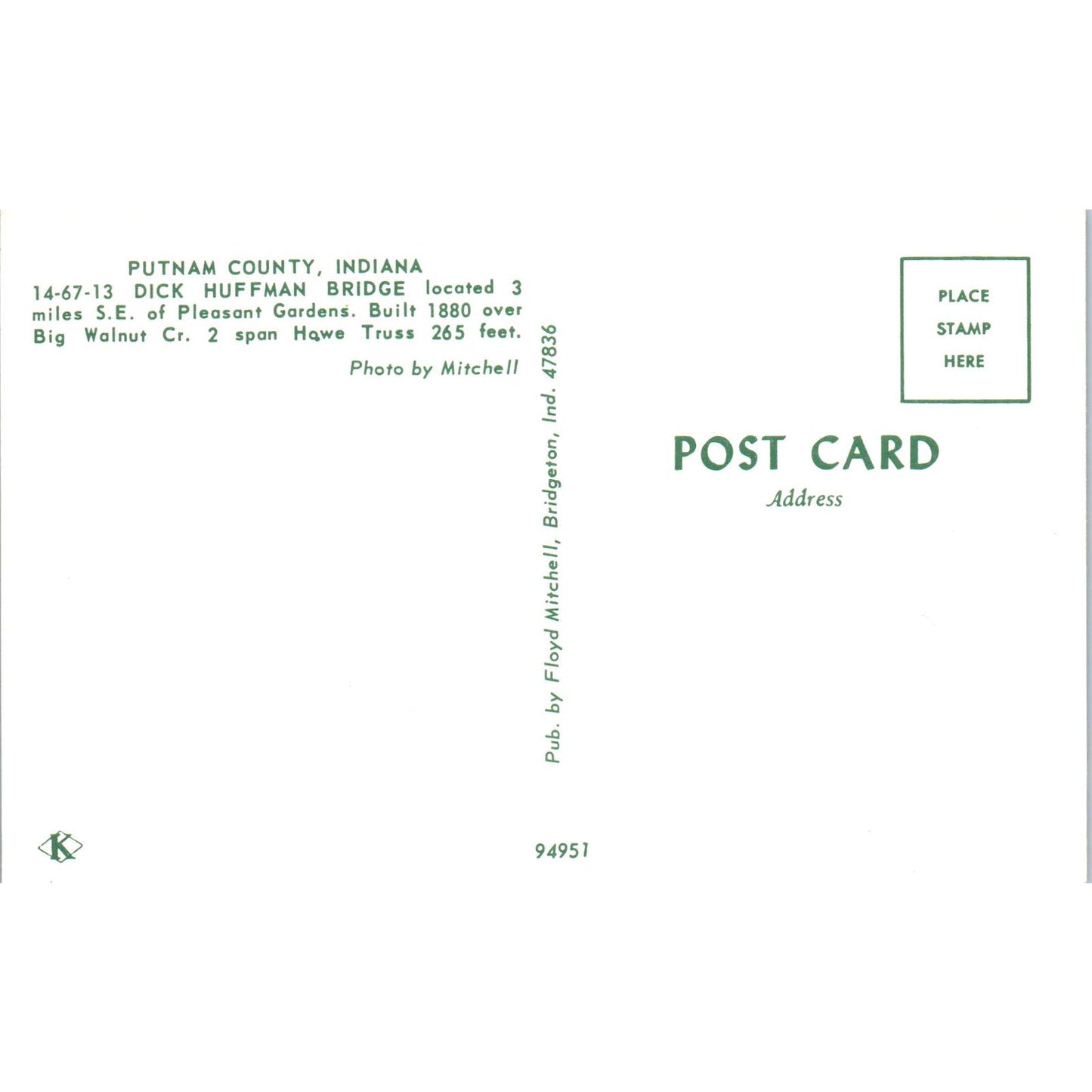 Dick Huffman Bridge Putnam County Indiana Covered Bridge Postcard PB12