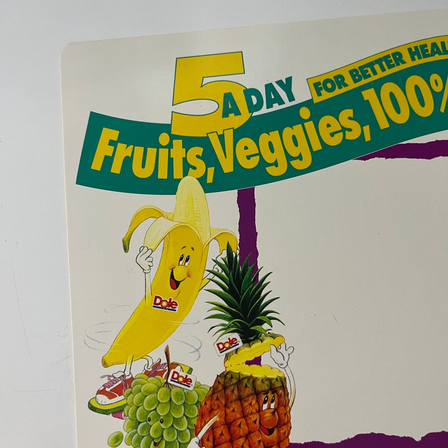 Original 1992 Dole 5 A Day Fruits, Veggies Advertising Store Display Sign 7x11"