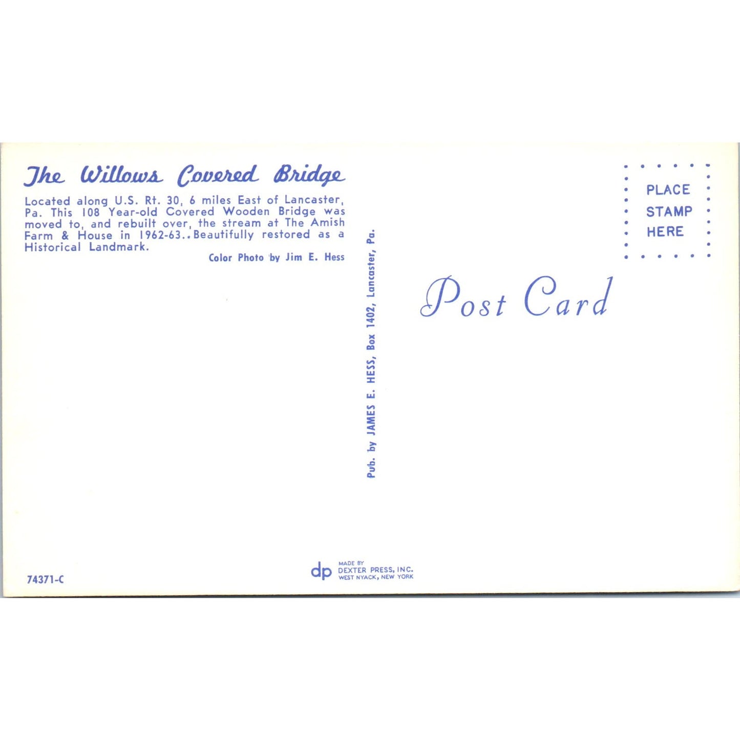 The Willows Covered Bridge Lancaster PA Vintage Covered Bridge Postcard PD6