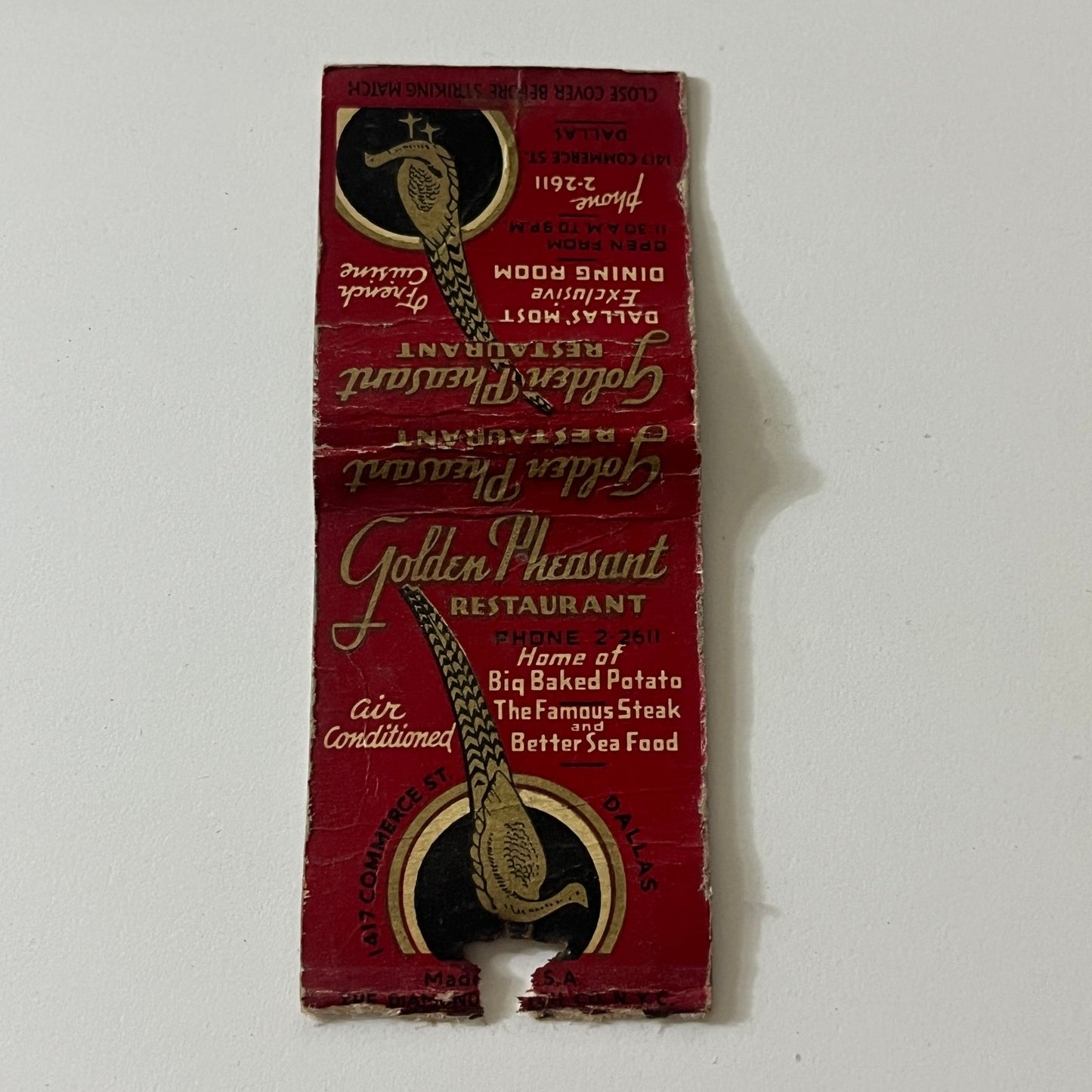 Golden Pheasant Restaurant Dallas TX Vintage Matchbook TB6-MB2-11