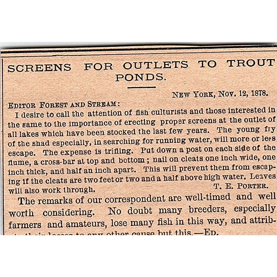 Screens for Outlets to Trout Ponds T.E. Porter New York 1878 Article AG2-M8