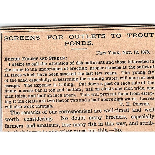 Screens for Outlets to Trout Ponds T.E. Porter New York 1878 Article AG2-M8