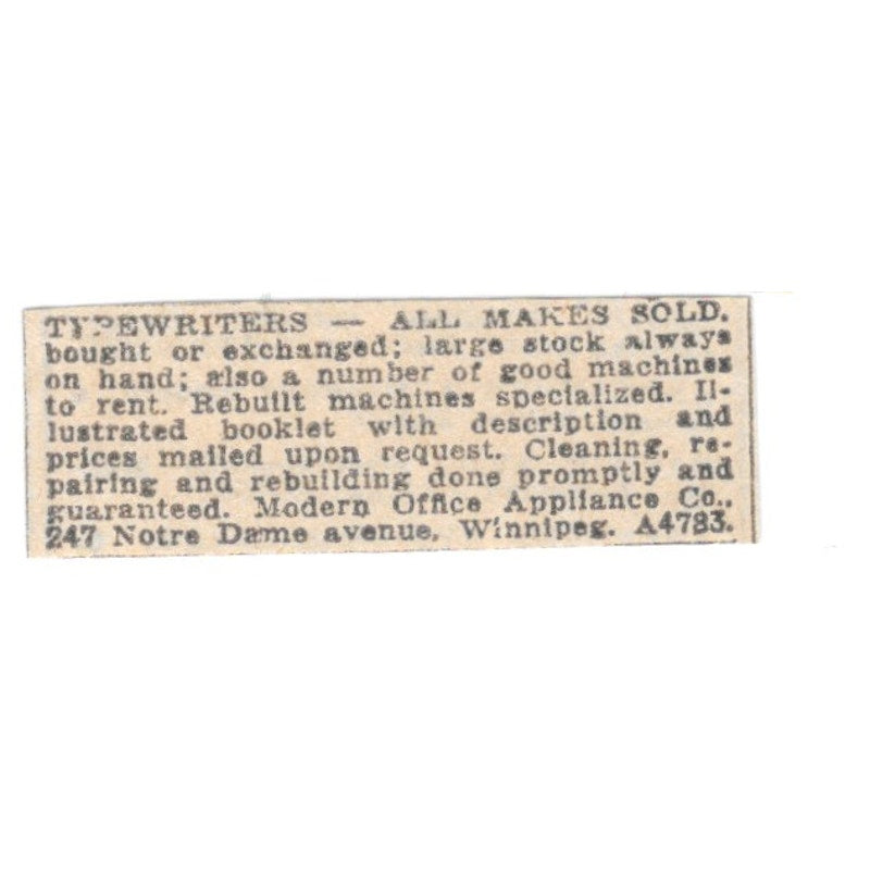 Modern Office Appliance Co Typewriters Notre Dame Ave Winnipeg 1920 Ad AG2-S4