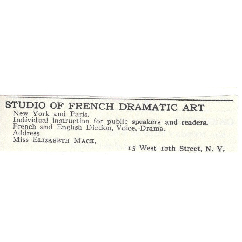 Studio of French Dramatic Art New York NY Miss Elizabeth Mack c1920 Ad AG4-S9