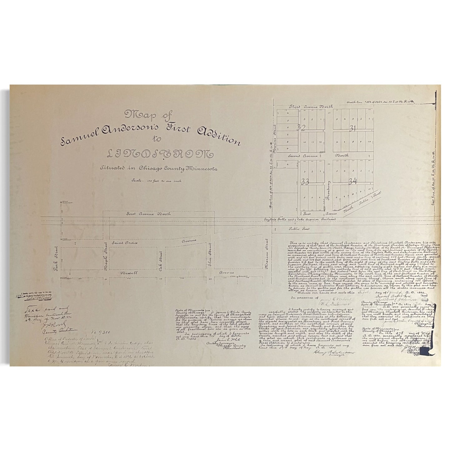 Samuel Anderson's First Addition to Lindstrom Chisago County MN Vtg Plat Map RM1