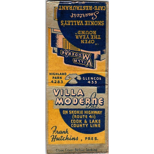 Villa Moderne Skokie Hwy Frank Hutchins IL Vintage Matchbook Cover SC7-Y5