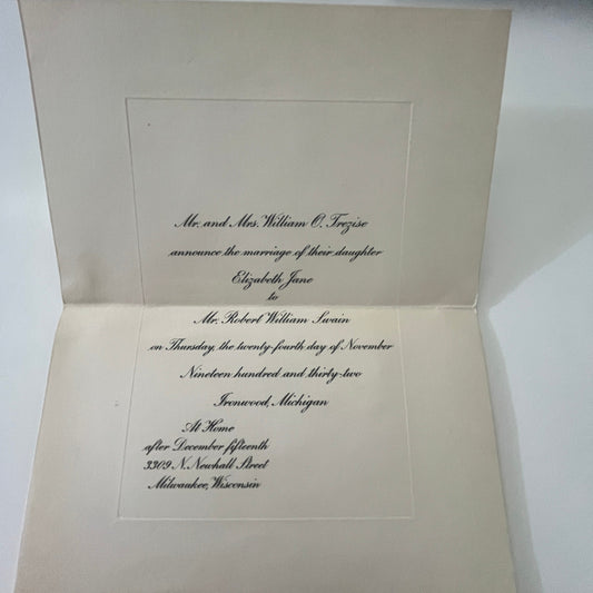 Elizabeth Jane & Robert W. Swain Wedding Invitation 1932 Ironwood MI AI9-M28