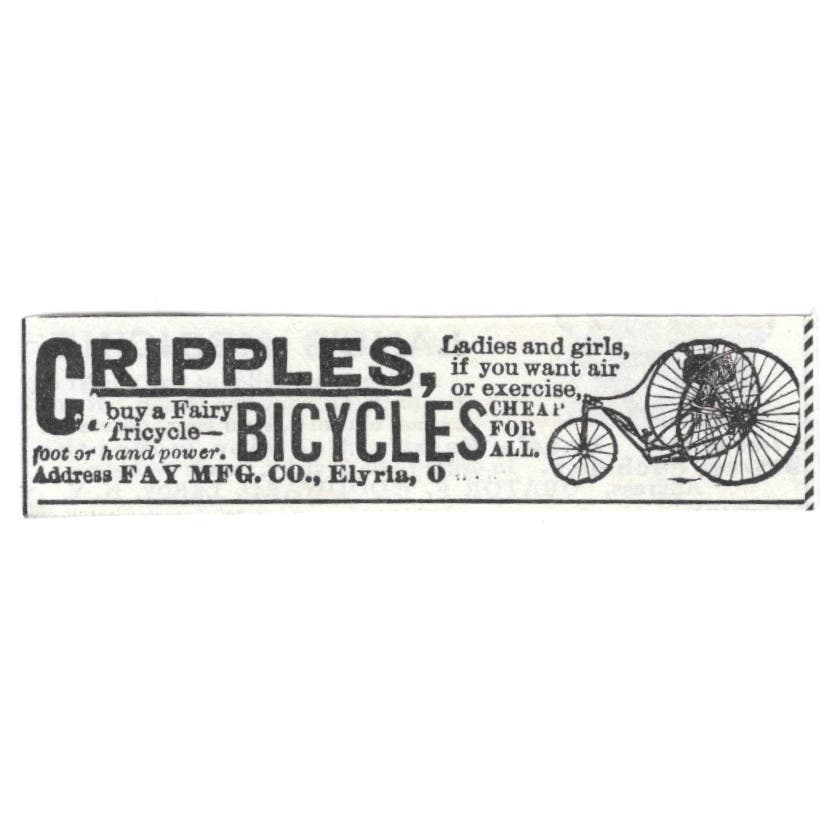 Fairy Tricycle Cripple Bicycle Fay Mfg Co Elyria OH c1890 Victorian Ad AE9-CH1