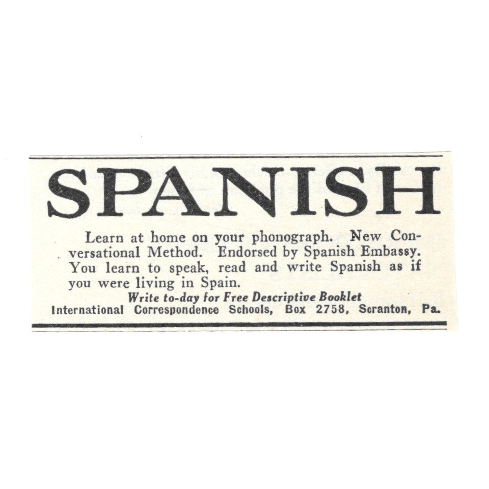 Learn Spanish on Phonograph Correspondence School Scranton PA 1924 Ad AD8-O5