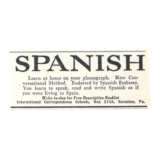 Learn Spanish on Phonograph Correspondence School Scranton PA 1924 Ad AD8-O5