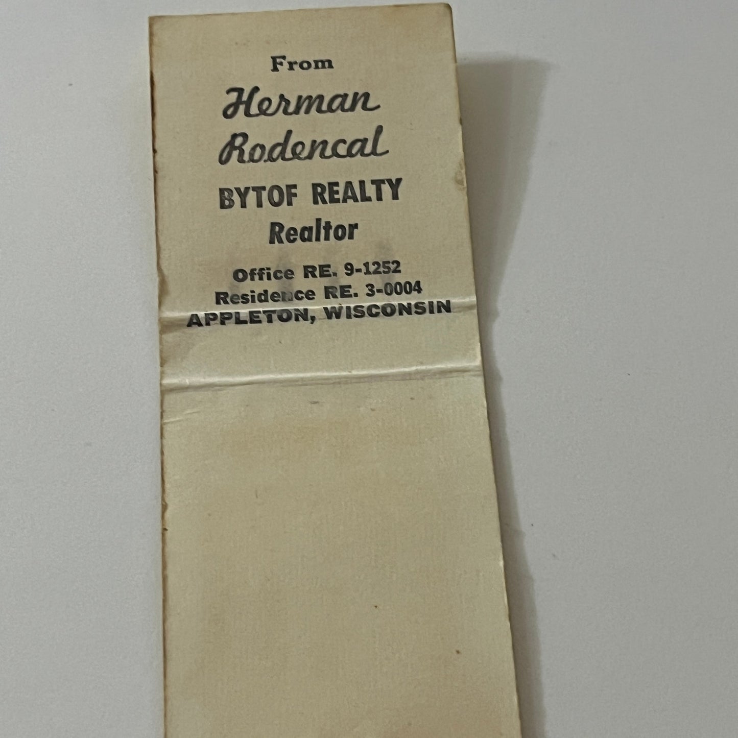 Herman Rodencal Bytof Realty Appleton WI Vintage Matchbook Cover TB6-MB2-5