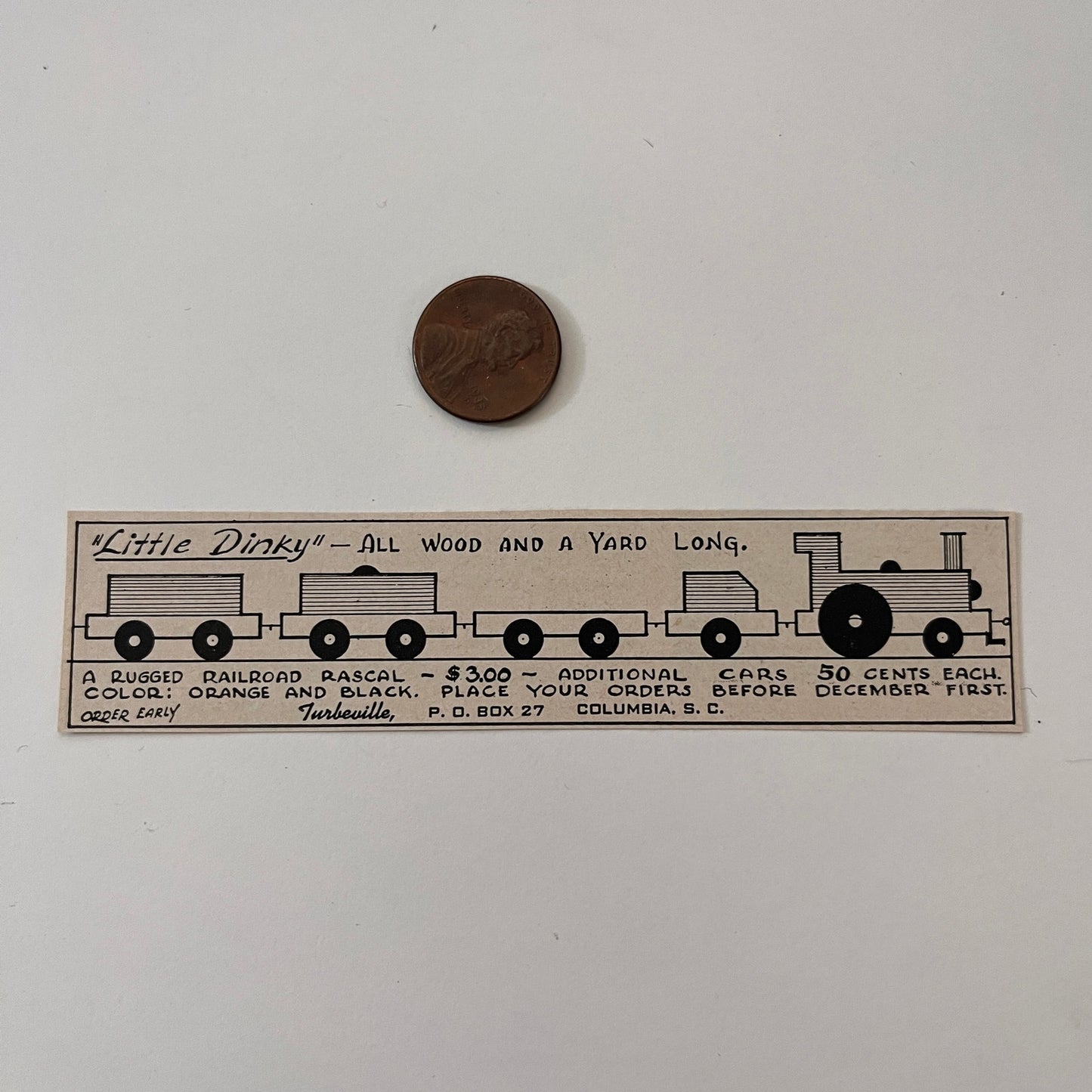 Little Dinky All Wood and a Yard Long Columbia SC 1952 Yankee Magazine Ad SAG5-H7