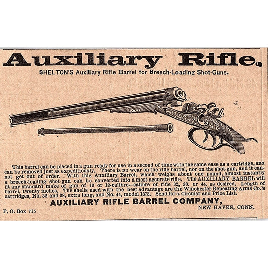 Shelton's Auxiliary Rifle Barrel Co New Haven CT 1878 Ad AG2-H4