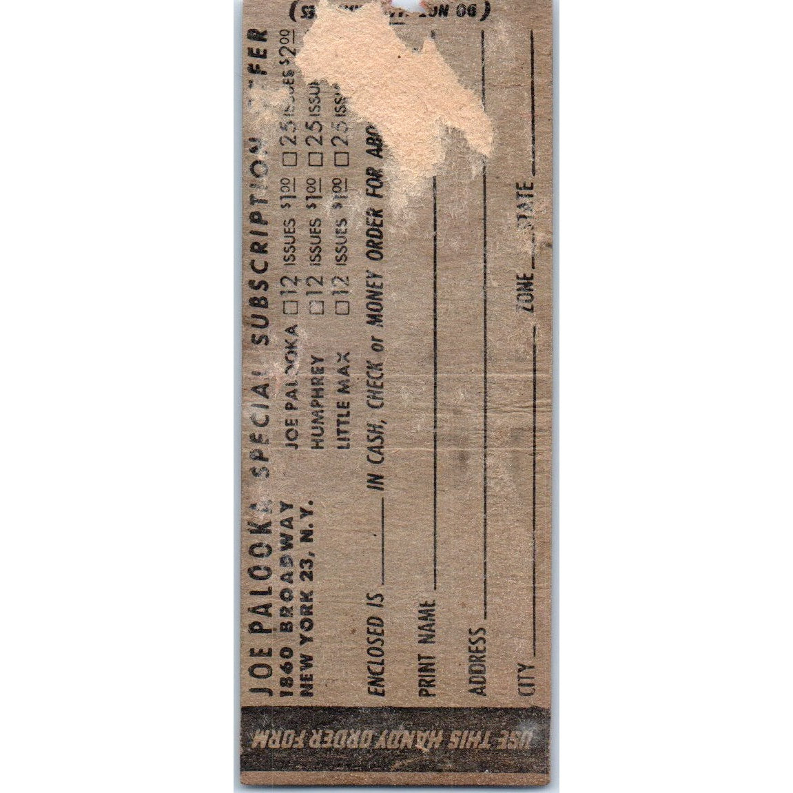 Harvey Comics Joe Palooka Ham Fisher Vintage Matchbook Cover SD4-Y7
