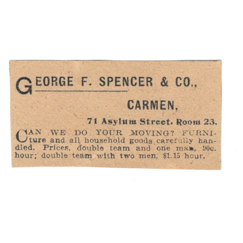 George F. Spencer & Co Moving Hartford 1901 Newspaper Ad AD8-HS8