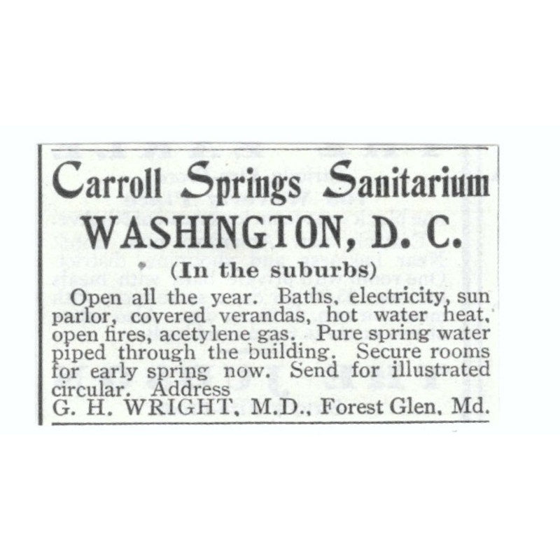 Carroll Springs Sanitarium Washington DC G.H. Wright 1903 Magazine Ad AF7-SS2