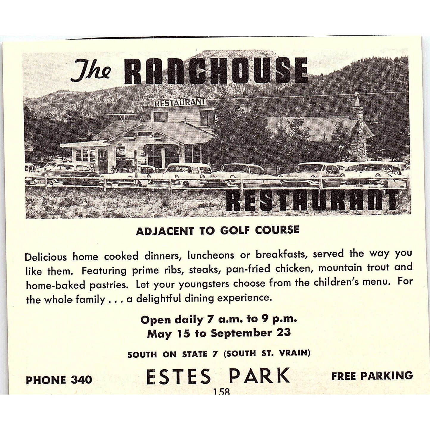 Twin Owls Motor Lodge, The Ranchouse Restaurant Estes Park CO 1958 Ad AG1-H1