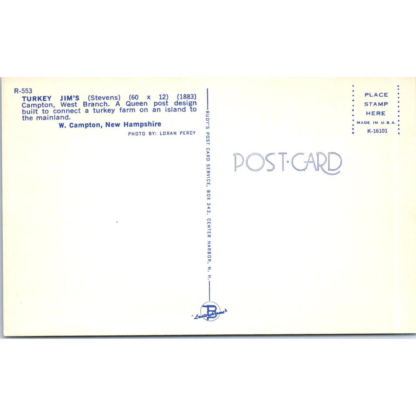 Turkey Jim's Campton West Branch NH Vintage Covered Bridge Postcard PC13