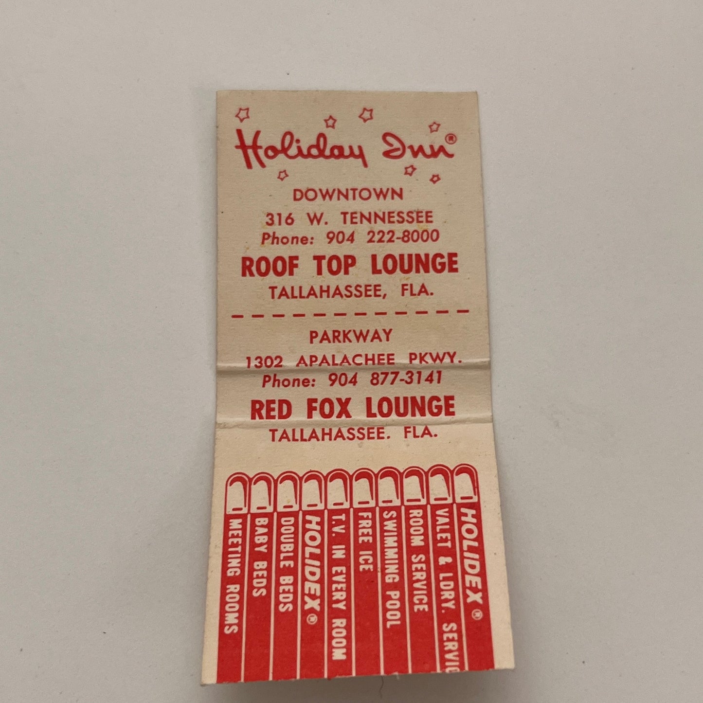 Holiday Inn Roof Top & Red Fox Lounge Tallahassee Vintage Matchbook TB6-MB2-15
