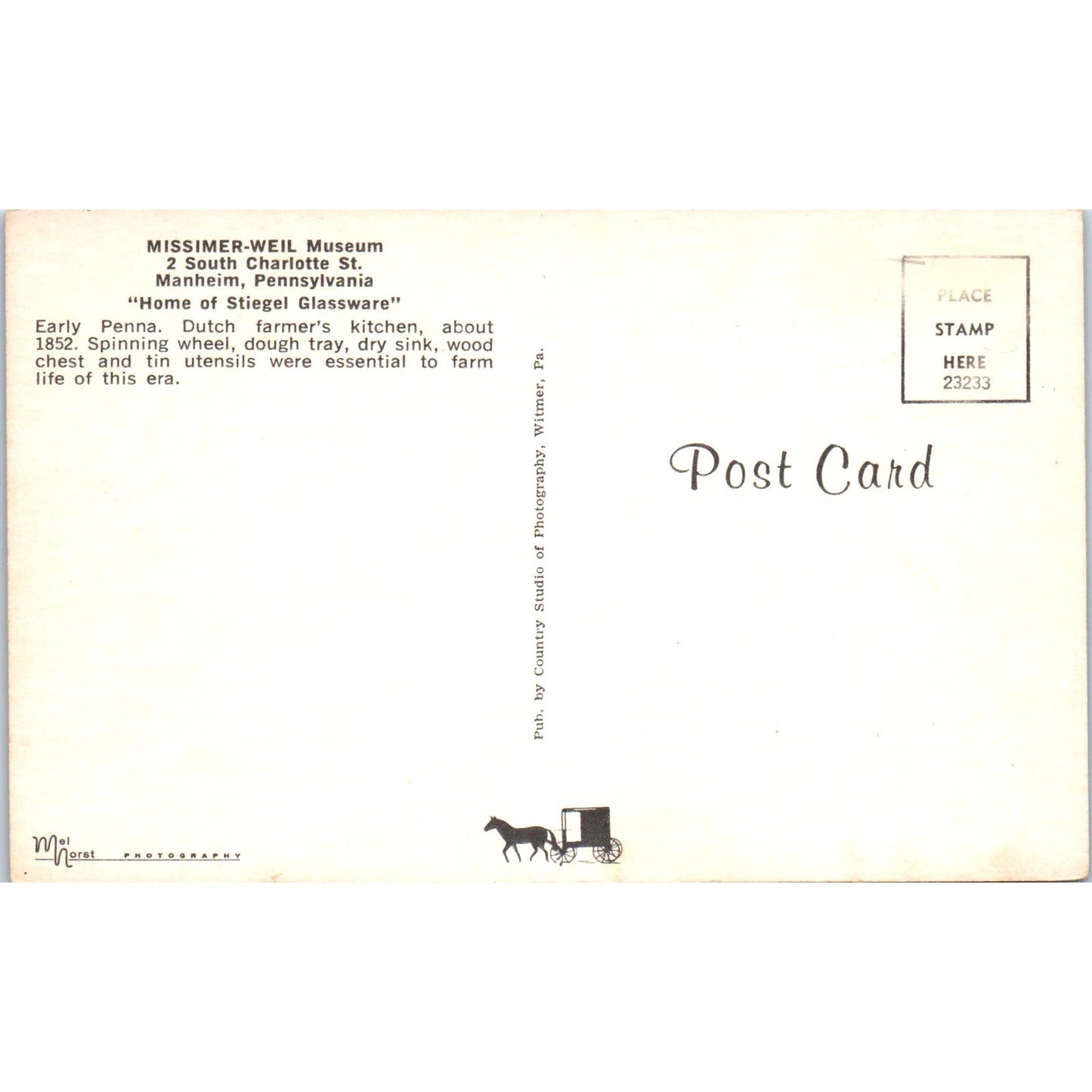 Missimer-Weil Museum Manheim Pennsylvania Dutch Country Postcard PD7