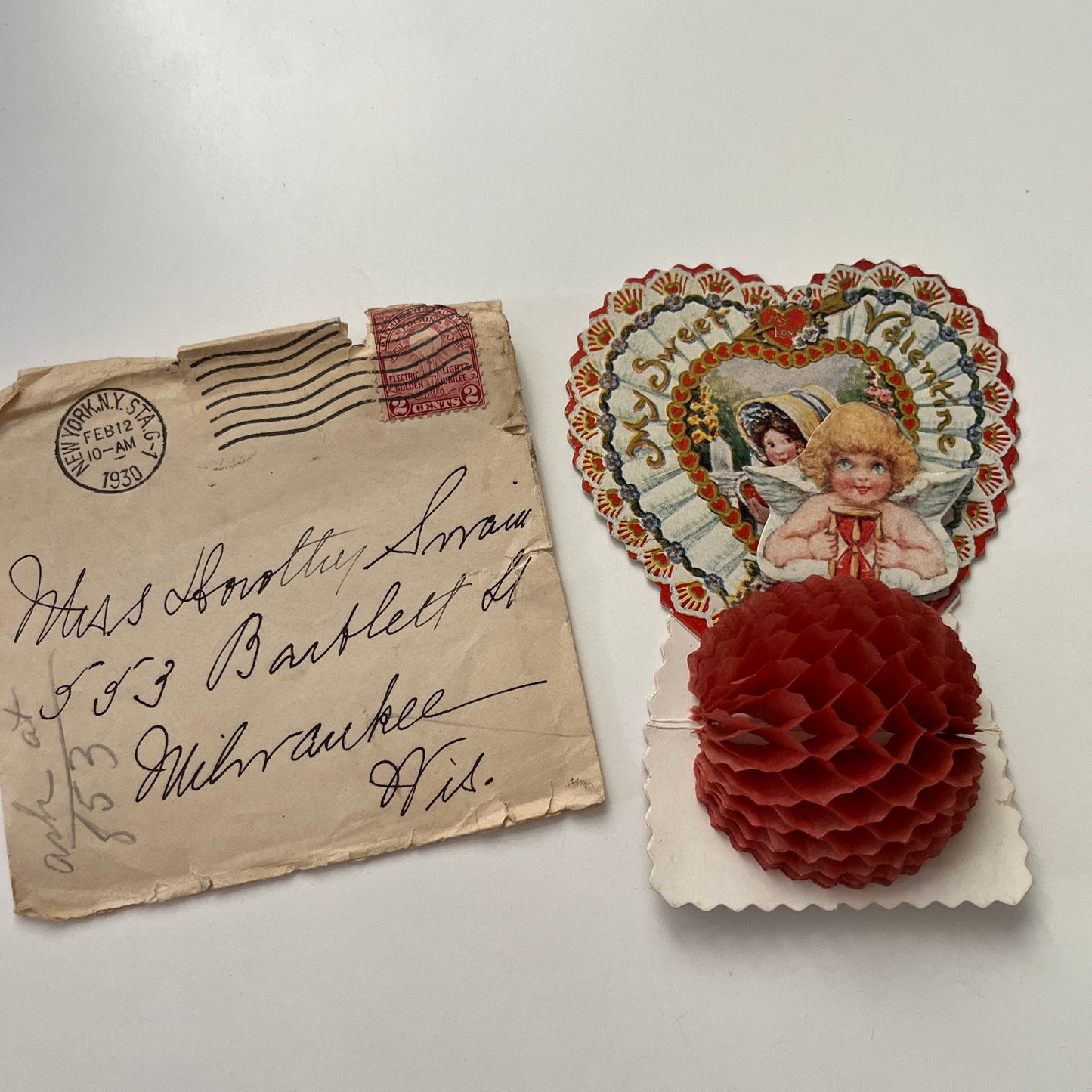 1930 Beistle Valentine Pop Up Honeycomb Embossed Cupid Hourglass AI9-H6