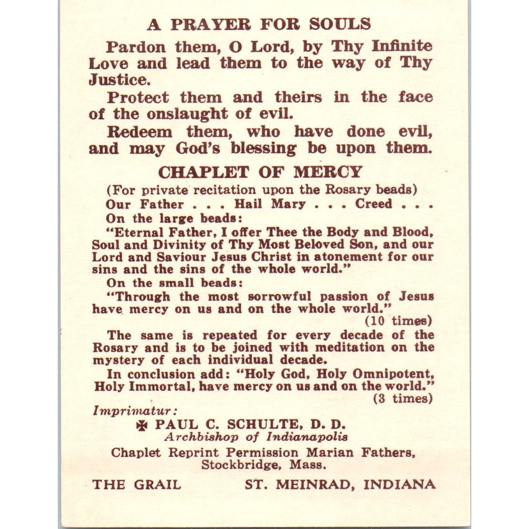 Prayer for the Souls Paul C, Schulte St Meinrad IN Vintage Prayer Card TH2-PC1