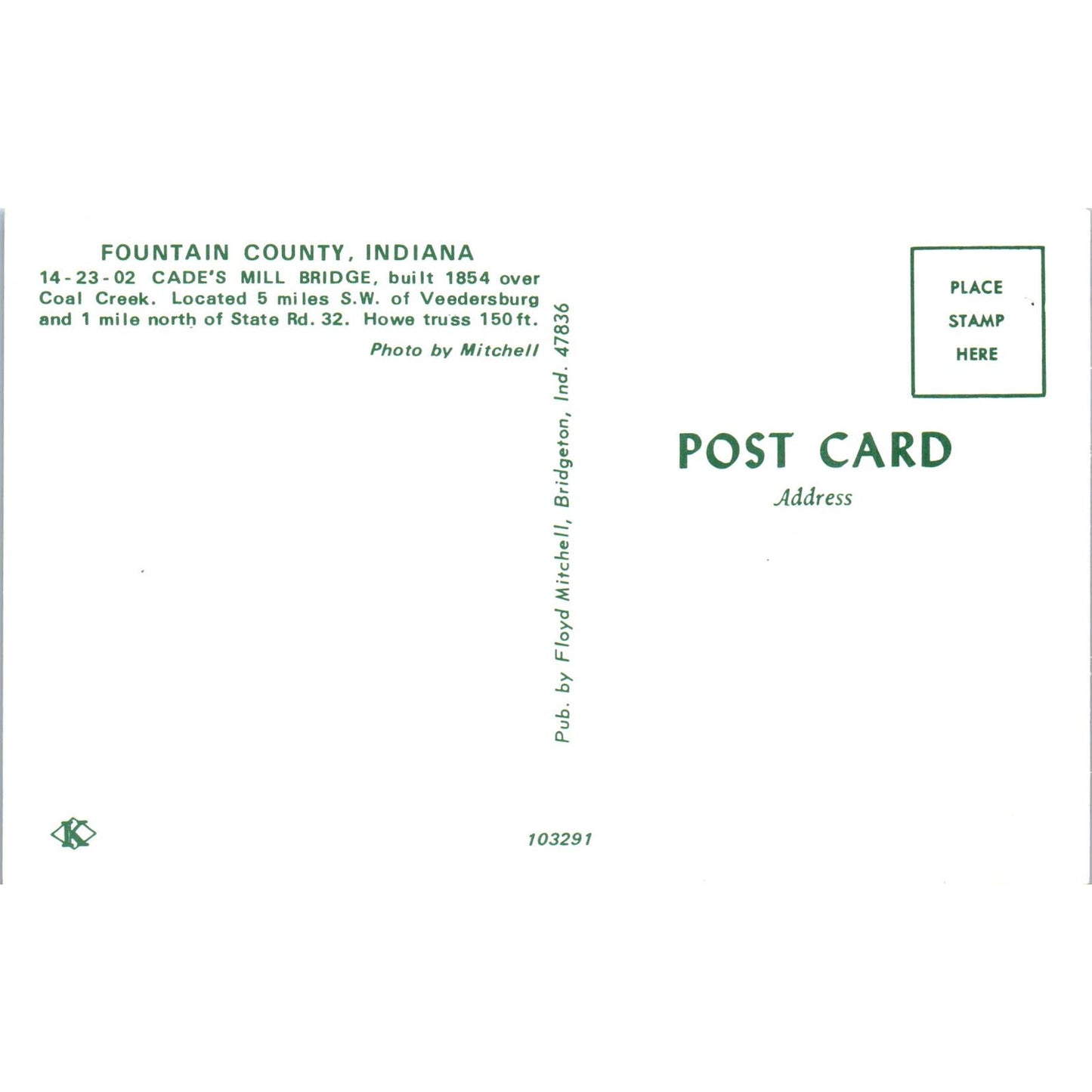 Fountain County Indiana Coal Creek Cade's Mill Covered Bridge Postcard PC6