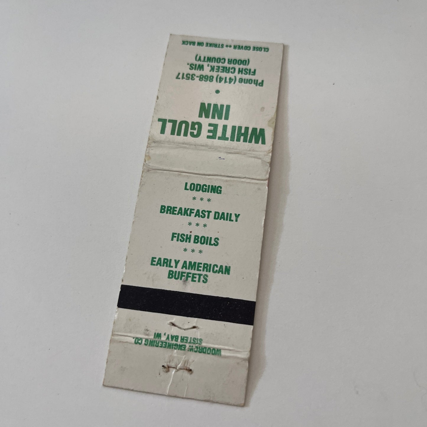 White Gull Inn Fish Creek Wisconsin Vintage Matchbook Cover TB6-MB2-1
