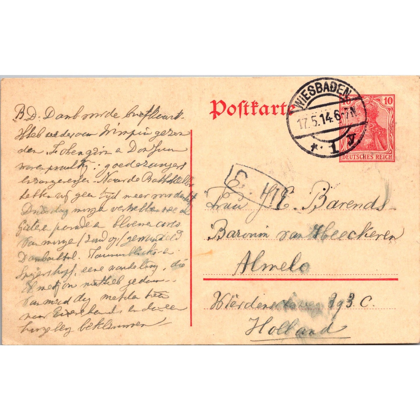 WWI Wiesbaden Almelo L.E. Barends 1917 German Reich Postcard TE2-GRP