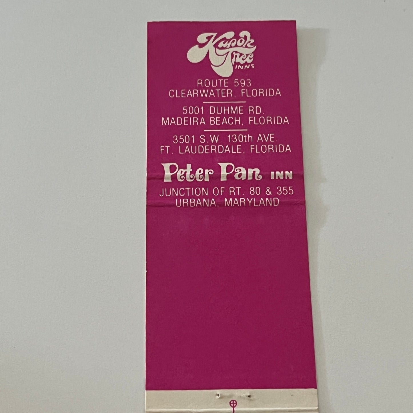 Peter Pan Inn Urbana MD, Kapok Tree Inn Clearwater FL Matchbook Cover TB6-MB2-3