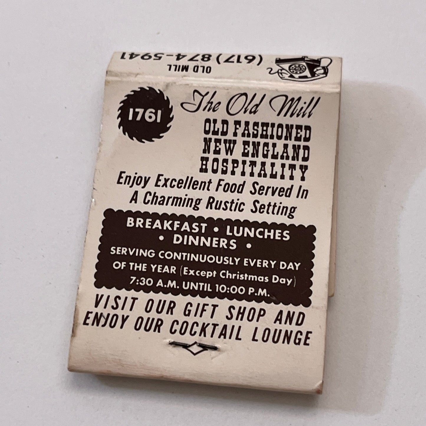 The Old Mill Restaurant Westminster MA Vintage Matchbook Cover TB6-MB1-7
