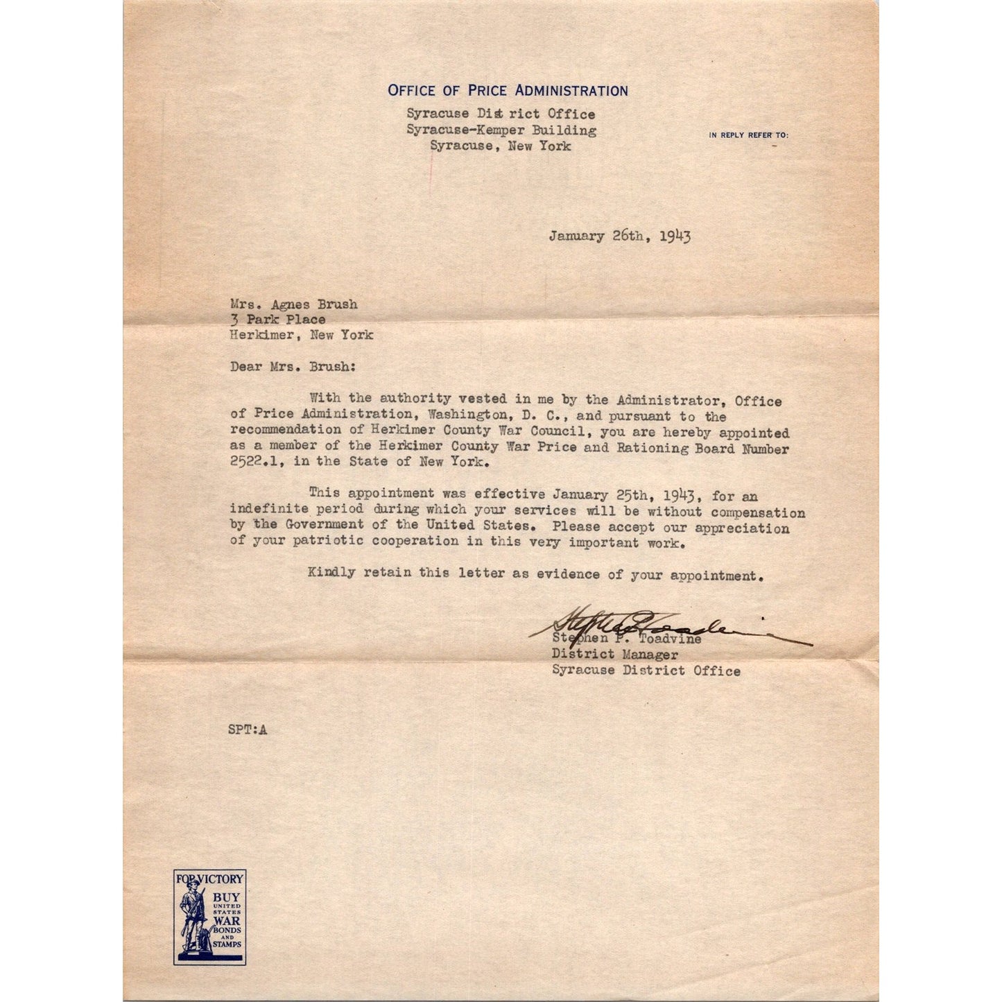 1943 WWII Office of Price Administration Appointment Letter Agnes Brush J15