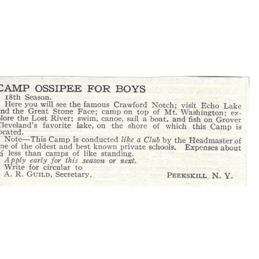 Camp Ossipee for Boys Peekskill NY A.R. Guild c1920 Harper's Magazine Ad AG4-S9