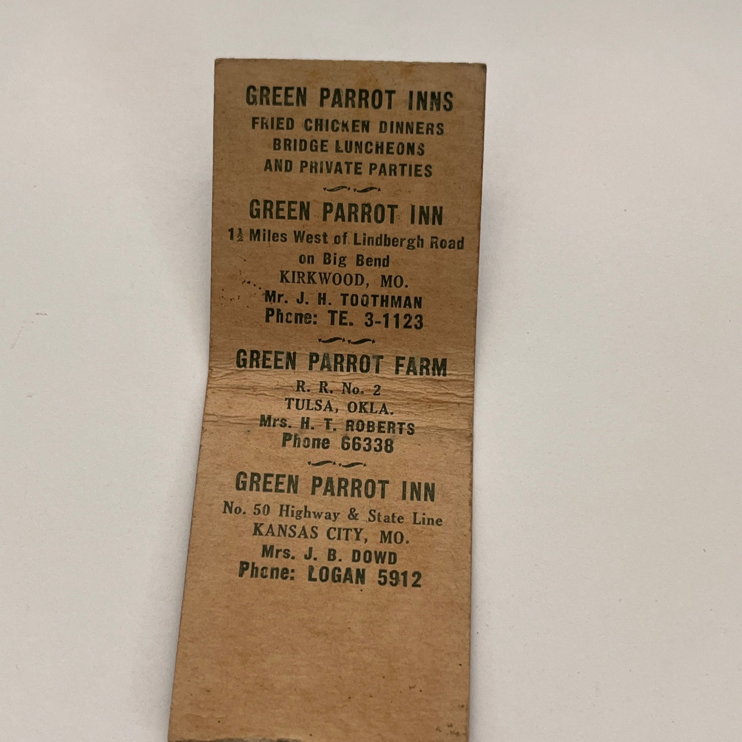 Green Parrot Inn Kirkwood MO J.M. Toothman Vintage Matchbook TB6-MB2-15