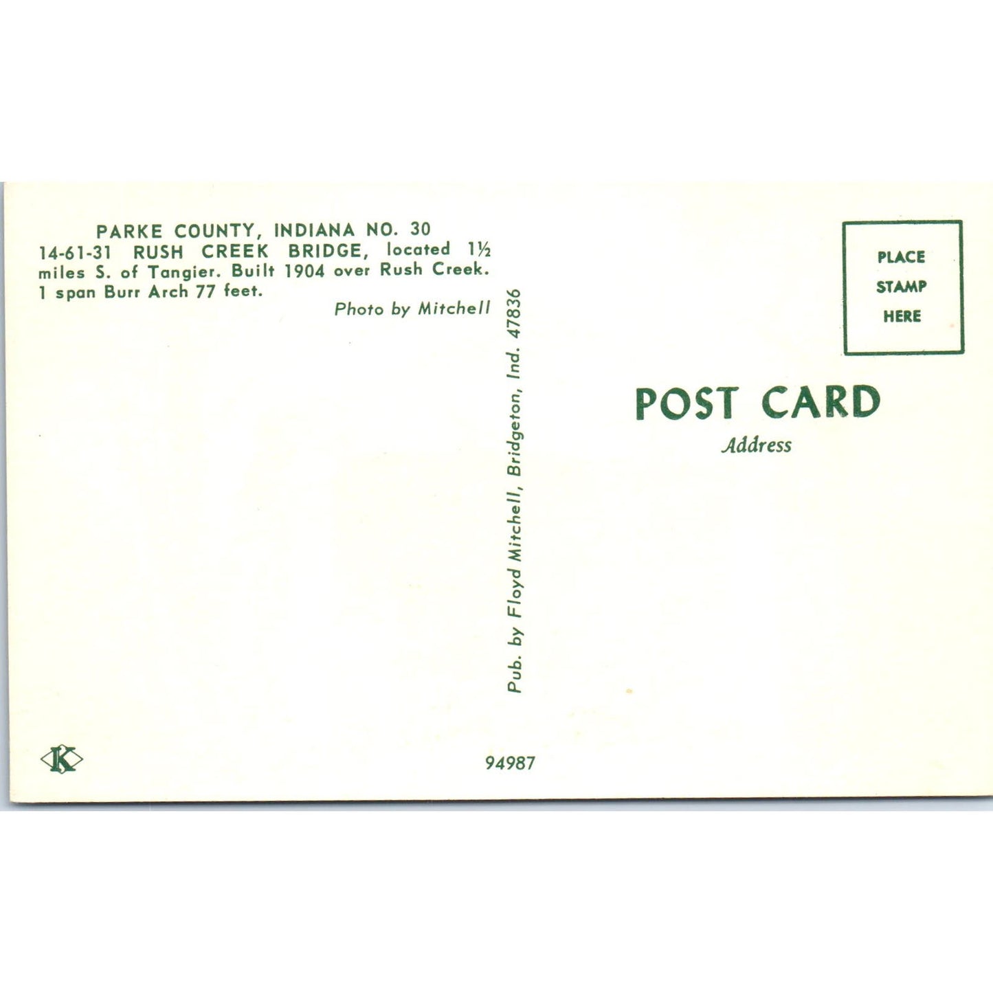 Rush Creek Bridge Parke County Indiana #30 Covered Bridge Postcard PB10