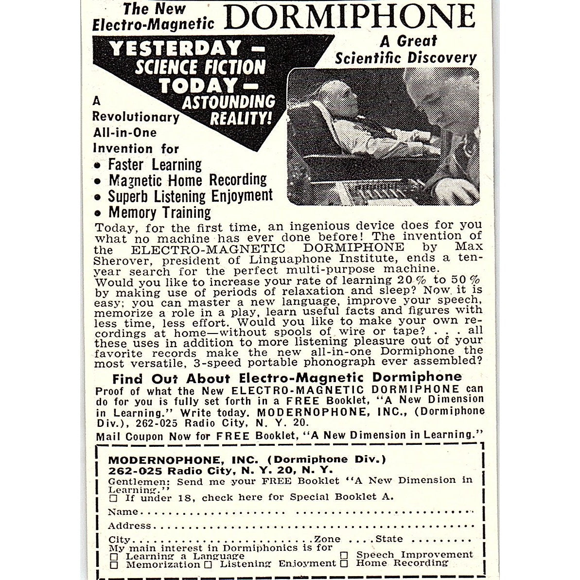 Electromagnetic Dormiphone - Modernophone Inc New York 1955 Ad AF9-M2