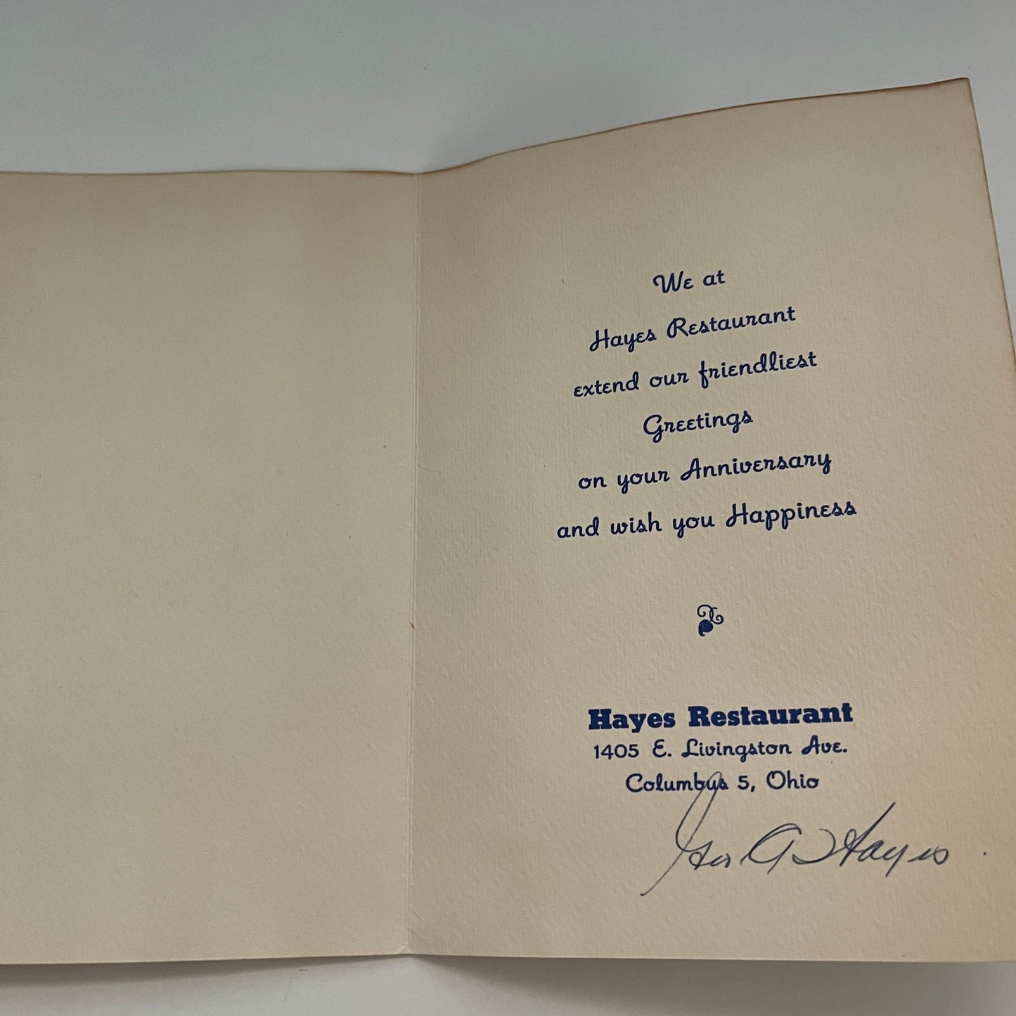 Hayes Restaurant Columbus Ohio 1953 Anniversary Card AG8-7