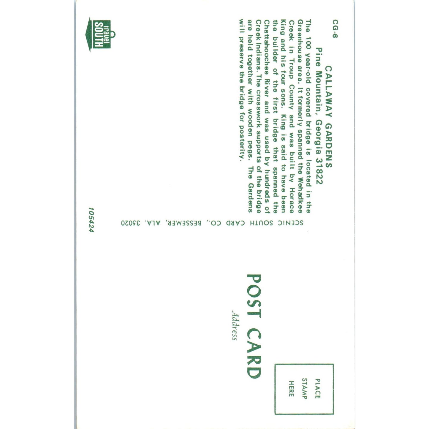 Callaway Gardens Pine Mountain Georgia Covered Bridge Postcard PC5