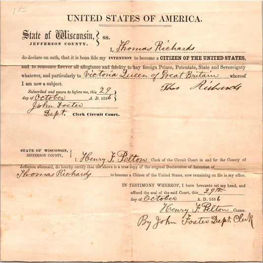 1856 Jefferson County Wisconsin Thomas Richards Citizenship Declaration J16