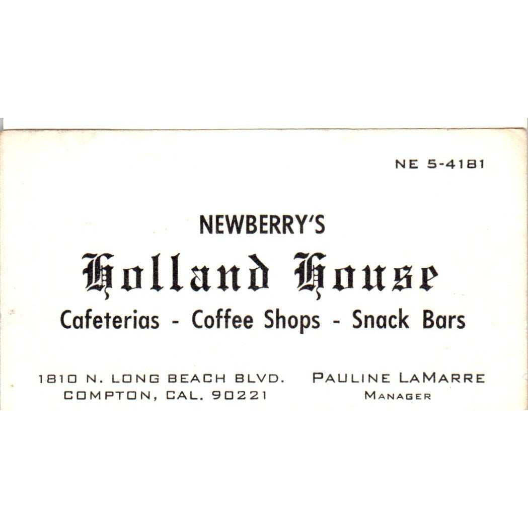 Newberry's Holland House Pauline LaMarre Compton CA Vintage Business Card SD8-B8
